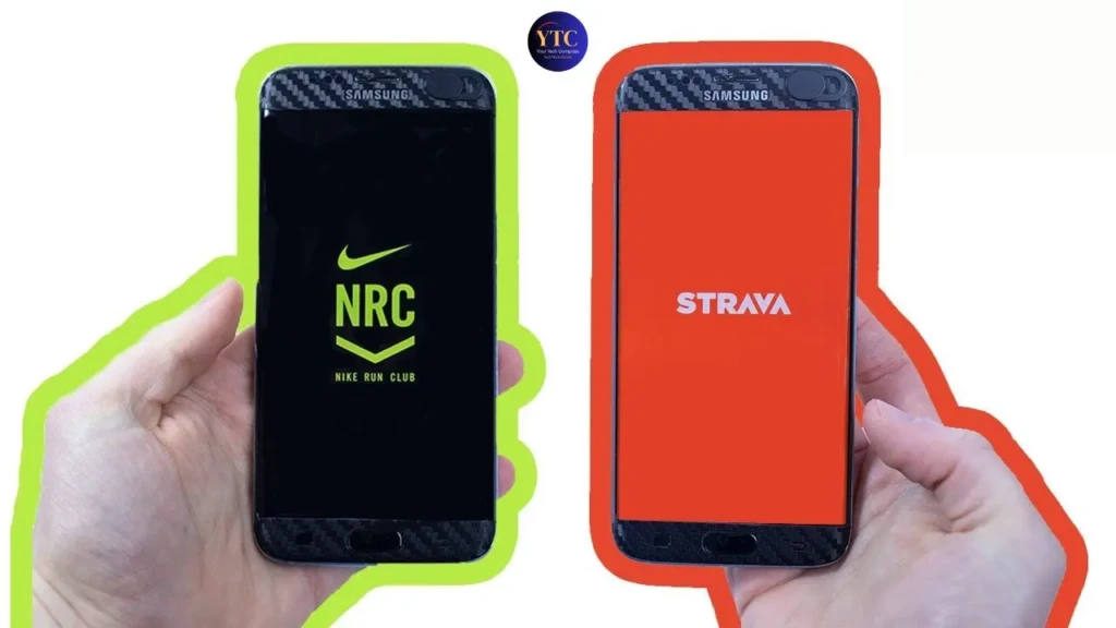 Two holding Samsung smartphones side by side: the left phone (green outline) displays the Nike Run Club app logo (green “NRC” with swoosh), while the right phone (red outline) shows the Strava app logo on a solid orange background, visually framing a direct app comparison.