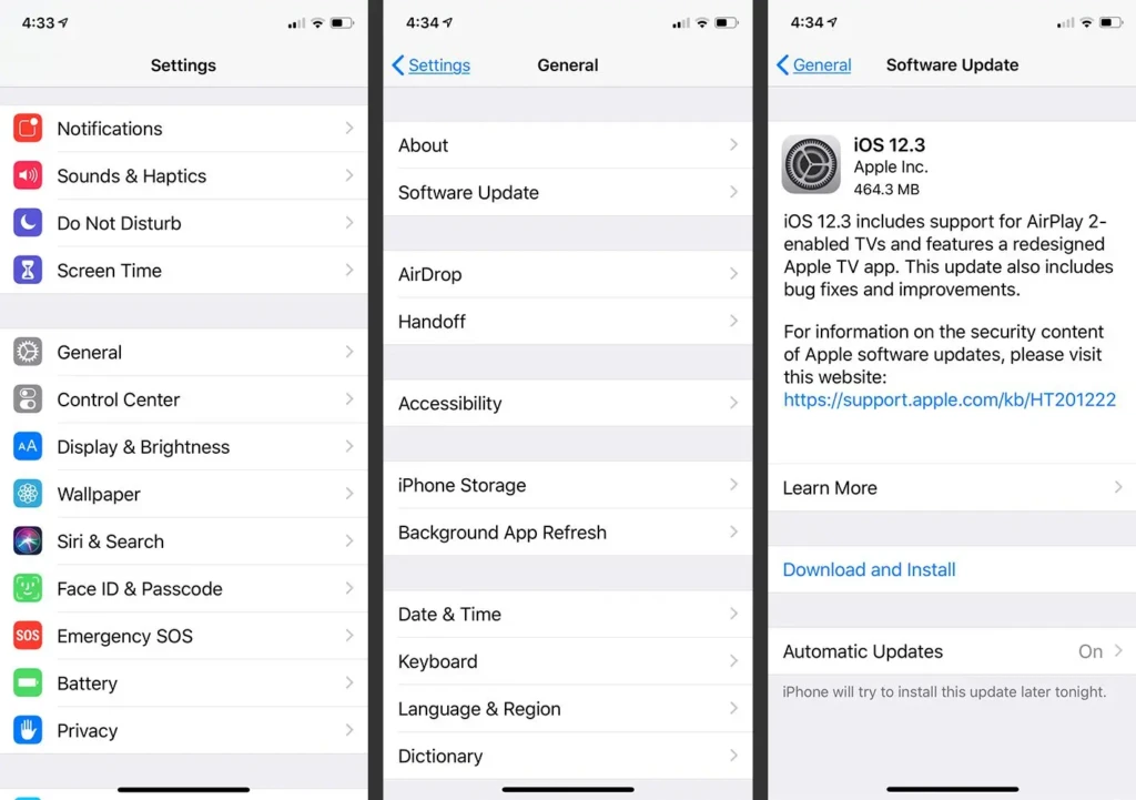 Three iPhone screens navigating to Software Update: Settings > General > Software Update, displaying iOS 12.3 release notes (AirPlay 2 support, Apple TV redesign, bug fixes) and the “Download and Install” option, demonstrating the update process and changelog review.