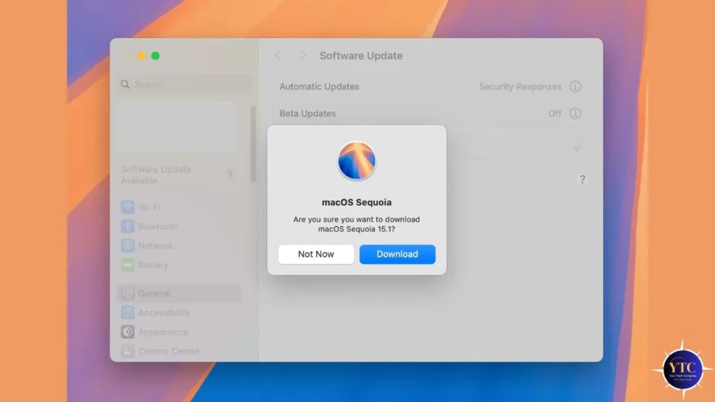 The Software Update window in System Settings showing a confirmation dialog for “macOS Sequoia 15.1”, asking “Are you sure you want to download macOS Sequoia 15.1?” with “Not Now” and “Download” buttons, indicating the final step before initiating an OS update.