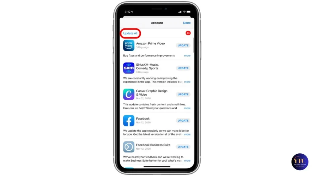 An iPhone screen showing the App Store Account page with a red-circled “Update All” button and a notification badge indicating 46 pending updates, listing apps like Amazon Prime Video, SiriusXM, Canva, and Facebook, illustrating how to batch-update apps.