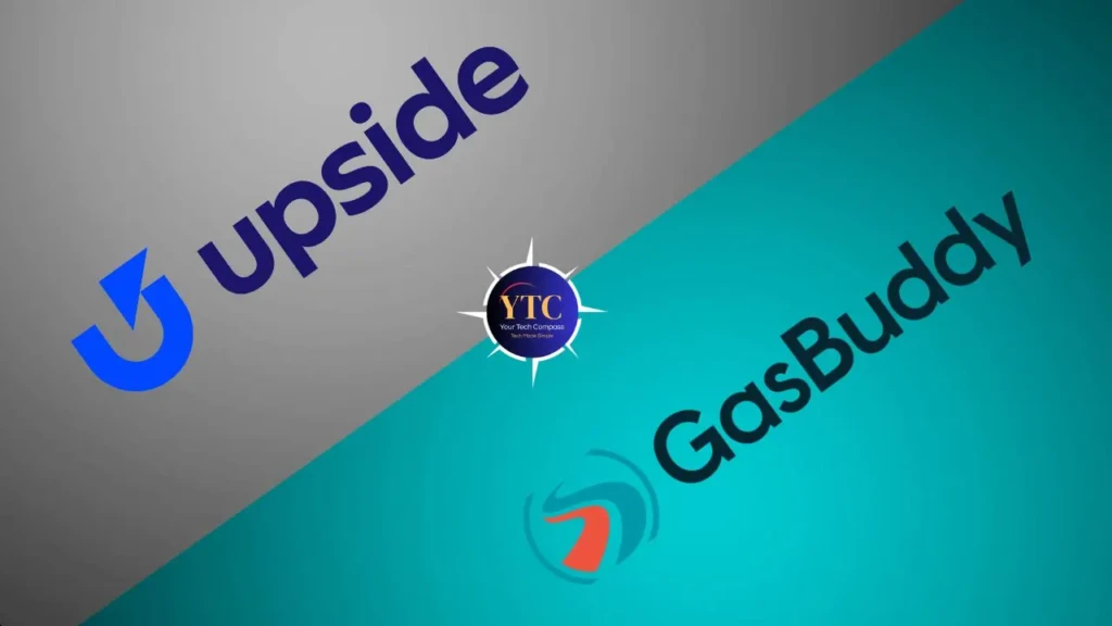 Logos of "Upside" and "GasBuddy" diagonally split on a gray and teal background. A central circular emblem reads "YTC Your Tech Corporate."