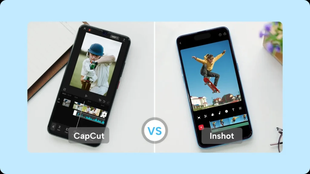 A side-by-side smartphone display: left shows CapCut editing a cricket video with timeline controls, right shows InShot editing a skateboarding clip with overlay tools; a central “VS” badge separates them, illustrating real-world mobile editing workflows and app-specific feature layouts.