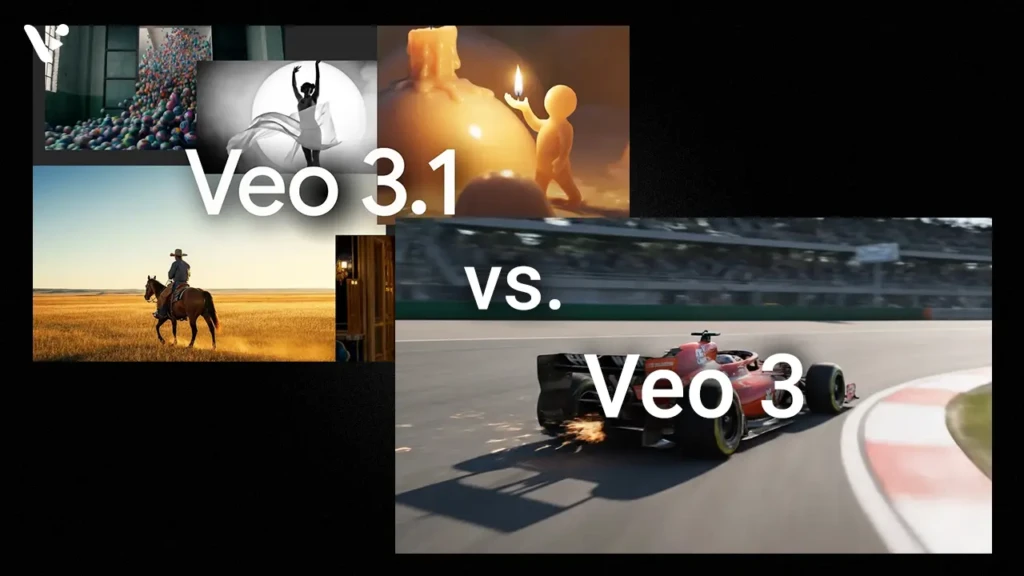 A split-comparison graphic titled “Veo 3.1 vs. Veo 3,” featuring a collage of artistic and cinematic clips (e.g., ball pit, dancer, candle scene, horse rider) on the left and a high-speed Formula 1 race car on the right, visually contrasting the creative versatility of Veo 3.1 against the performance focus of Veo 3.