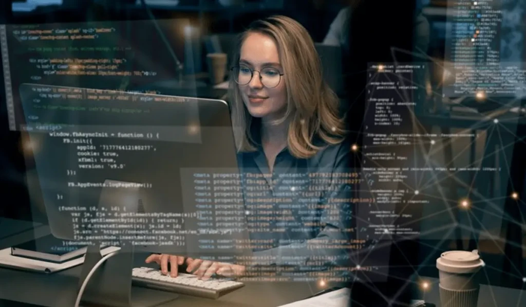 A woman with glasses smiles while typing on a laptop, surrounded by semi-transparent overlays of HTML, JavaScript, and meta-tag code snippets, with a coffee cup nearby, illustrating an immersive, AI-augmented coding environment where developers interact with real-time code assistance.