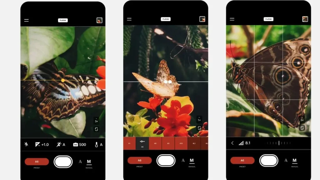 Three side-by-side iPhone screens from the ProCamera app, each editing a butterfly photo with manual controls (A6 preset, ISO 500, exposure compensation), focus points, and grid overlays, demonstrating advanced manual photography and composition features on mobile.