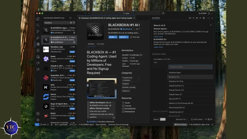 Screenshot of the BLACKBOXAI extension page in a code editor marketplace with installation options and recent tasks displayed.