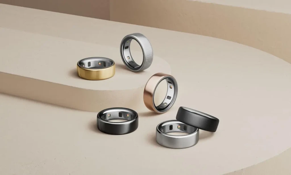 Six SOAAK smart rings arranged on a curved beige surface in varying finishes: gold, brushed silver, rose gold, and two stainless steel options, highlighting design variety and wearable tech integration for personalized wellness tracking.