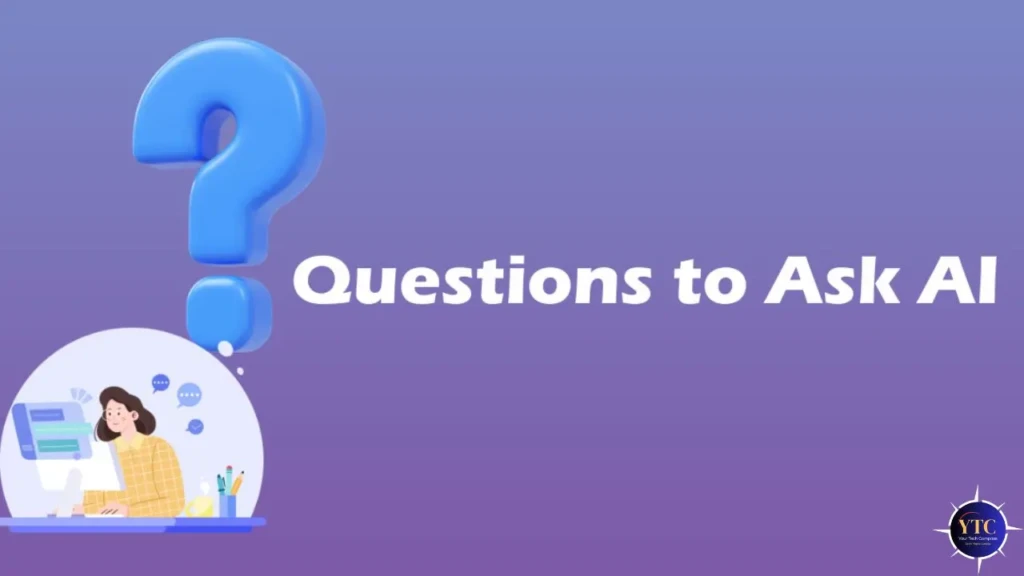 A purple-gradient background featuring a large 3D blue question mark above the text “Questions to Ask AI,” with an illustrated person at a desk inside a thought bubble, surrounded by speech icons, visually introducing a guide on effective AI prompting.
