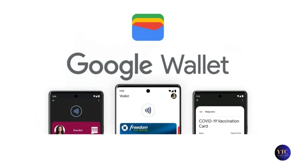 The Google Wallet logo above three smartphones displaying its interface: left shows a contactless payment screen with a card for “Elisa Bell,” center shows a Freedom Unlimited credit card ready for tap-to-pay, and right displays a Walgreens COVID-19 Vaccination Card, illustrating multi-purpose digital identity and payment functionality.