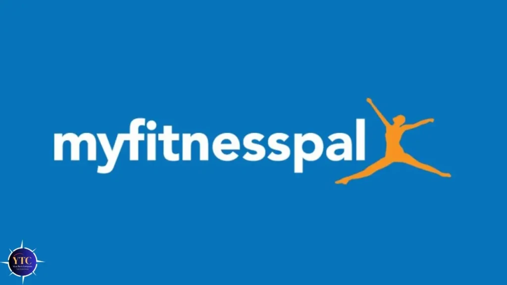 The MyFitnessPal logo on a solid blue background, with the brand name in white lowercase letters and an orange silhouette of a person mid-jump to the right, conveying energy, movement, and active lifestyle management.
