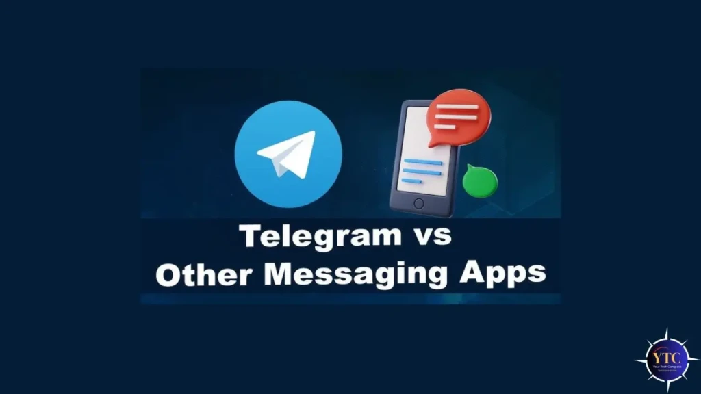 Blue background featuring Telegram logo on the left and a smartphone with chat bubbles on the right. Text reads "Telegram vs Other Messaging Apps".