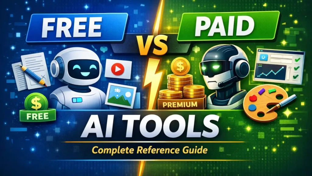 A vibrant comparison banner titled “FREE vs PAID AI TOOLS: Complete Reference Guide,” showing a smiling robot with free tools (document, YouTube, palette) on the left and a premium robot with coins, analytics dashboard, and advanced gear on the right, illustrating key differences between freemium and paid AI.