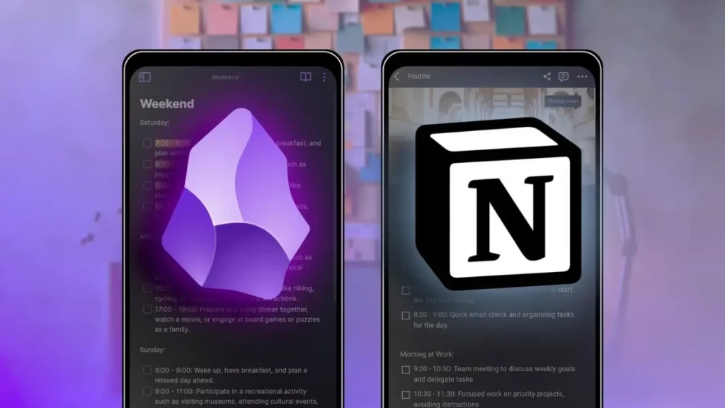Two smartphones side by side showing Notion mobile interfaces: left displays a “Weekend” schedule with time-blocked tasks and a purple geometric cover image; right shows a “Routine” page with daily planning and the Notion cube logo, demonstrating mobile-first organization and habit tracking.