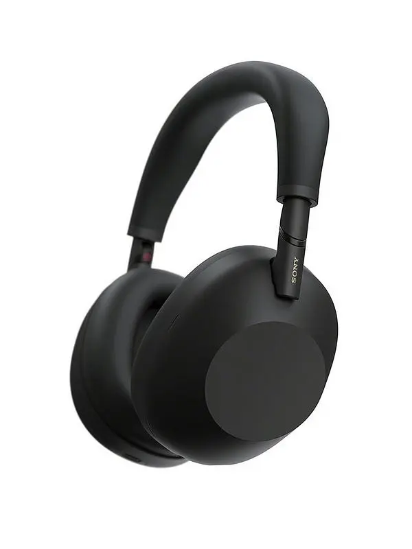 Sleek black over-ear headphones with cushioned ear cups and a smooth headband. The minimalistic design conveys a modern, high-tech feel.
