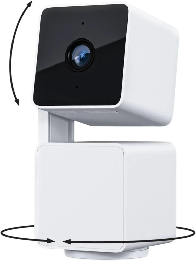 A white pan-tilt security camera with a black front panel and lens, accompanied by curved arrows indicating 360° horizontal rotation and vertical tilt capability, highlighting its wide field-of-view and motorized adjustability.