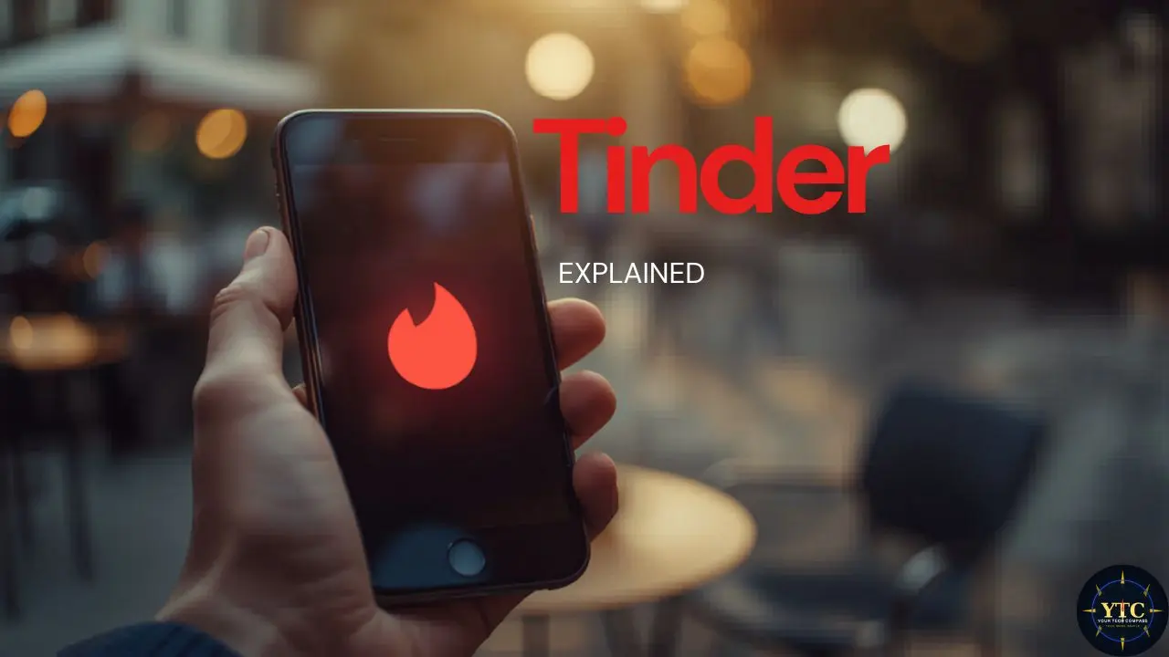 A hand holds a smartphone displaying the Tinder logo, set against a blurred outdoor café background. Text reads "Tinder Explained," creating an informative tone.