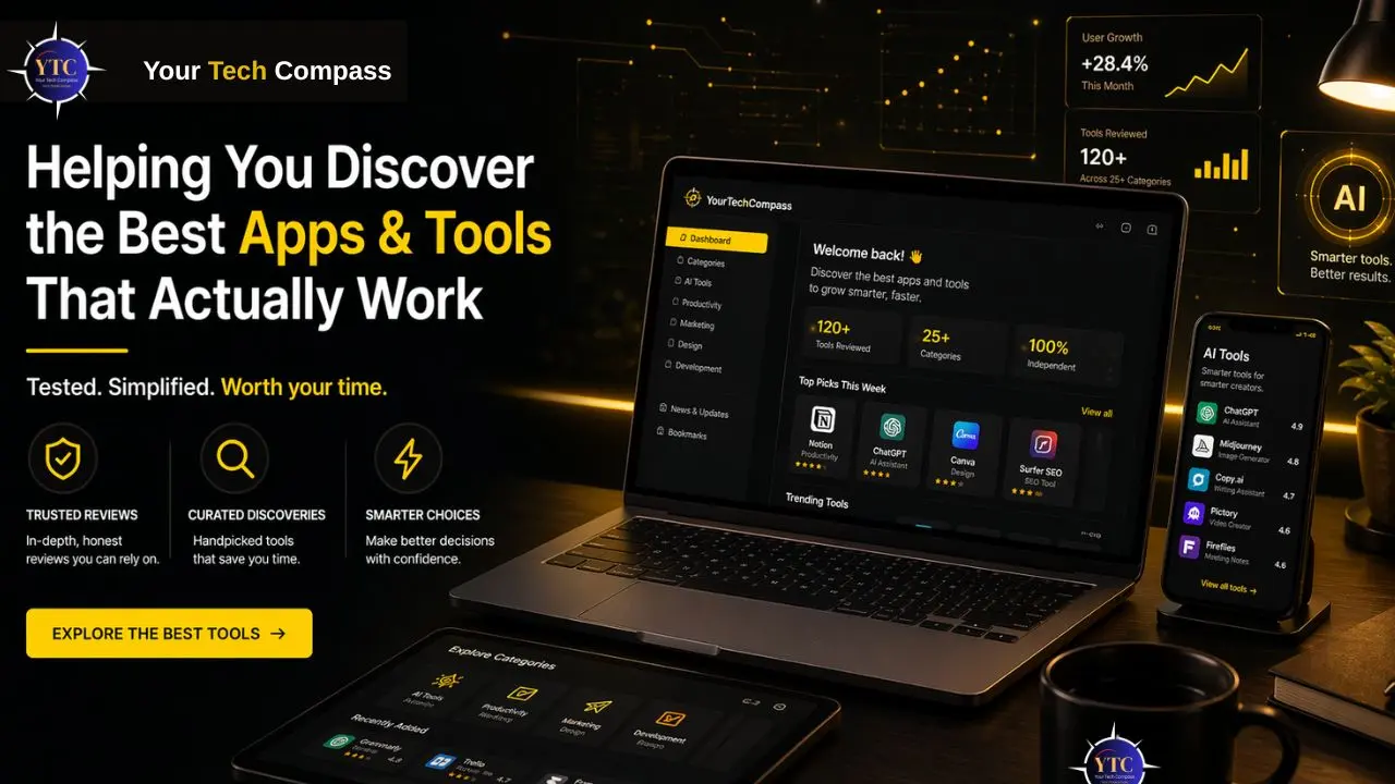 A tech-themed setup with a laptop, tablet, and smartphone displaying an app interface. Text promotes discovering effective apps and tools with a focus on trust and simplicity.