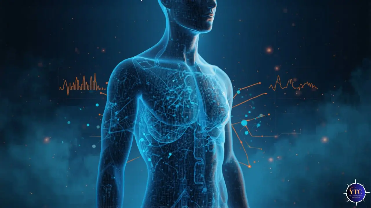 A digital illustration of a human torso with glowing blue circuit patterns, overlaid with graphs and data points, suggesting technology and health analysis.