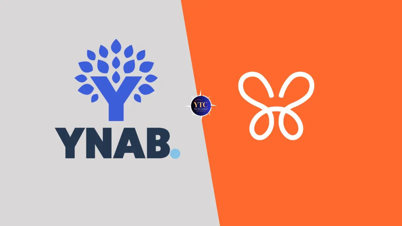 Split image comparing YNAB's blue leafy logo on gray and Monarch's white butterfly logo on orange. Central symbol resembles a compass, conveying financial guidance.