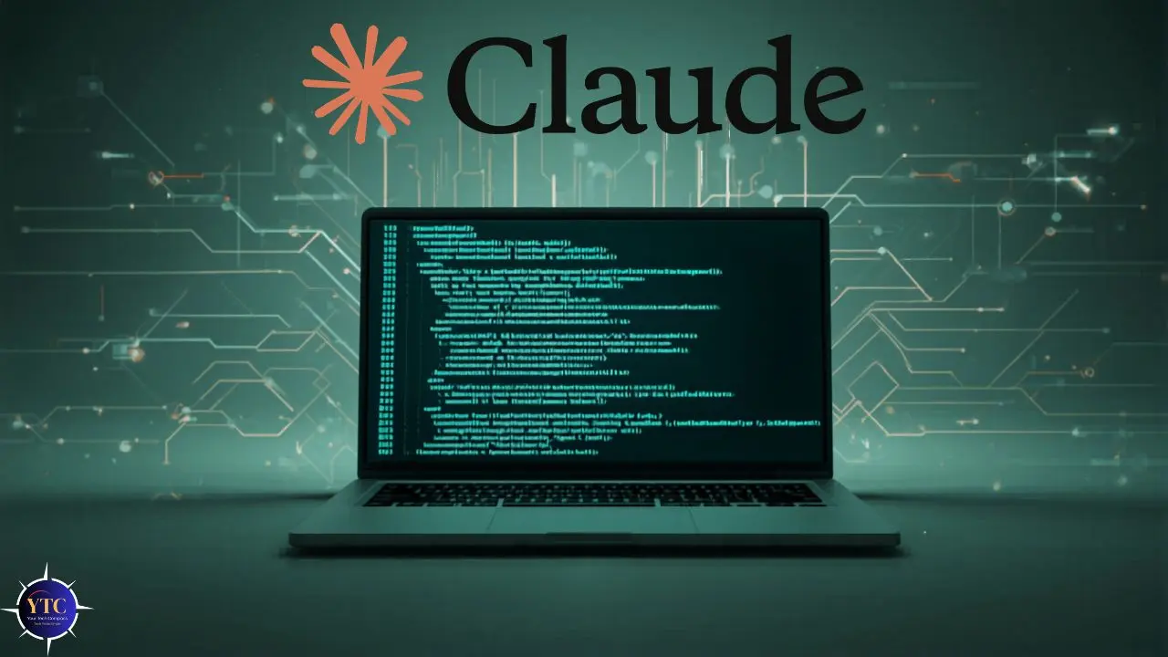 A laptop displaying code is set against a digital circuit background with "Claude" text above. The image conveys a tech-focused, futuristic theme.