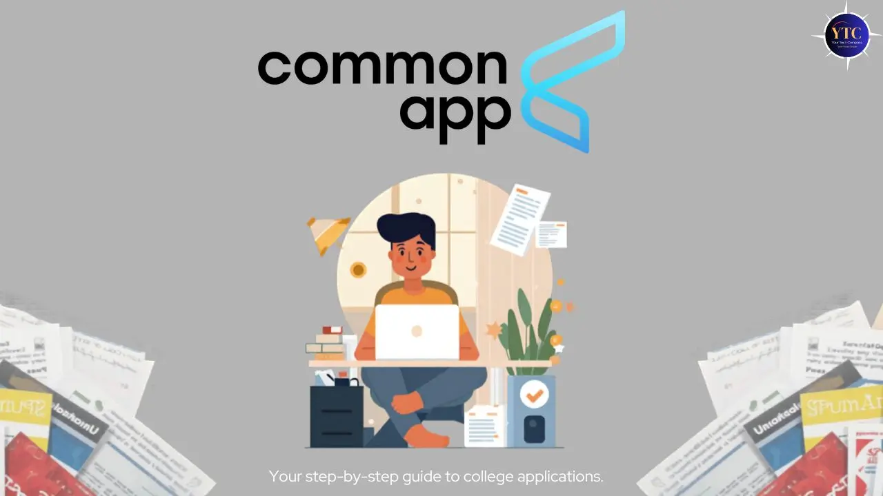 Illustration of a person sitting cross-legged with a laptop, surrounded by books and papers. The "Common App" logo is above, indicating a college application theme.