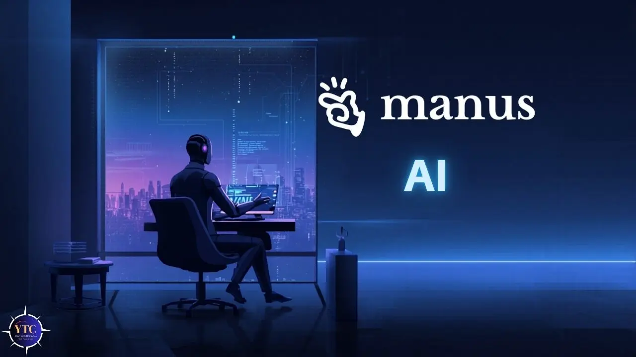 A person sits at a computer desk in a dark, futuristic room, illuminated by blue light. A cityscape is visible through a window. The words "manus AI" appear prominently.