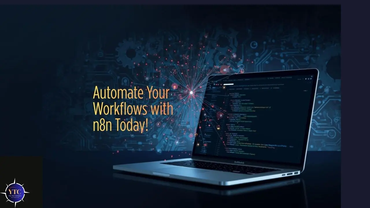 Laptop displaying code with a digital network background, highlighted by sparks. Text reads: "Automate Your Workflows with n8n Today!" Logo in the bottom corner.