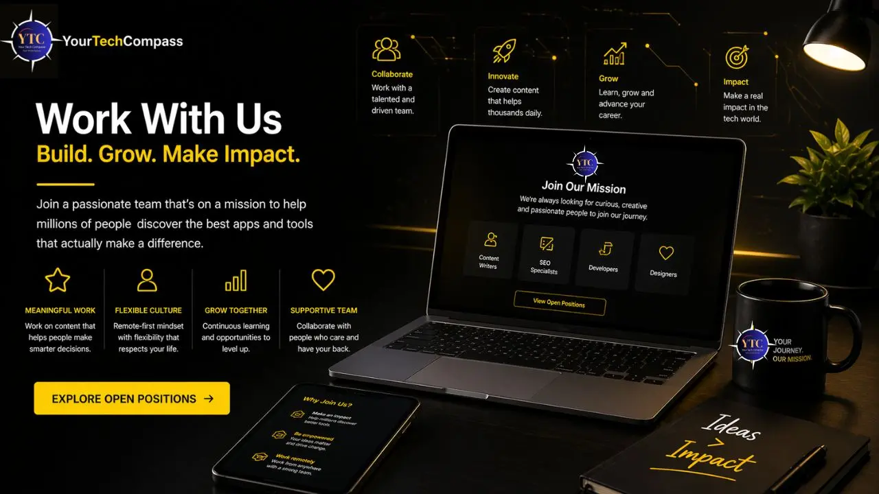 Dark-themed tech career advertisement featuring a laptop and tablet displaying a recruitment message: "Work With Us: Build. Grow. Make Impact." Includes a call-to-action button to explore open positions. Icons with keywords like "Collaborate" and "Innovate" surround the scene. A mug and notebook with "Ideas Impact" are beside the devices, enhancing the professional vibe.