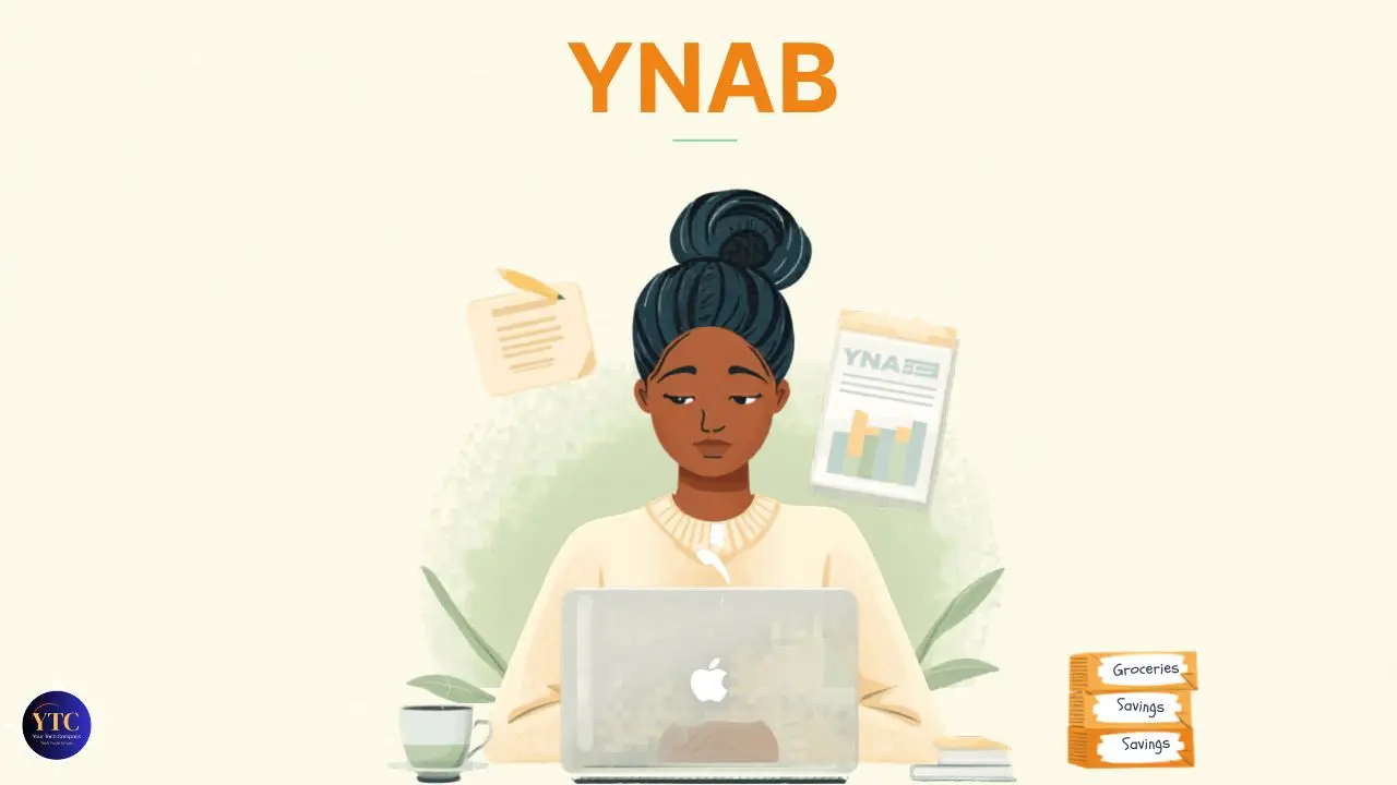 Illustration of a person using a laptop, surrounded by budgeting documents and lists under the title "YNAB," conveying focus and financial organization.