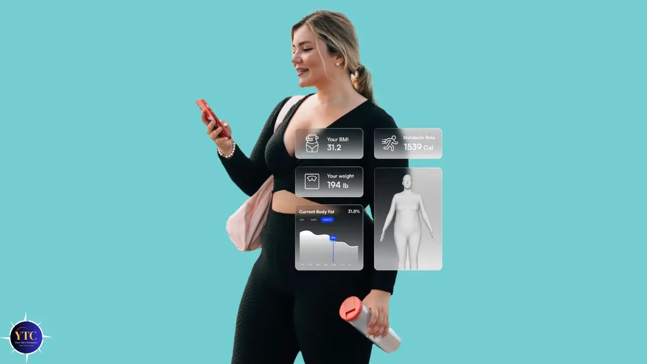 Woman in athletic wear holding a phone and water bottle, smiling. Digital health stats overlay: BMI, weight, and body fat on a blue background.