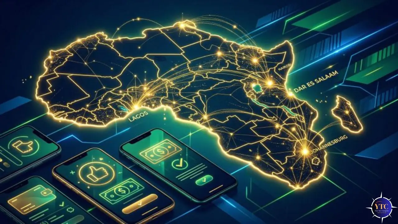 A glowing digital map of Africa shows major cities like Lagos and Johannesburg, connected by light paths. Smartphones with currency symbols suggest fintech.