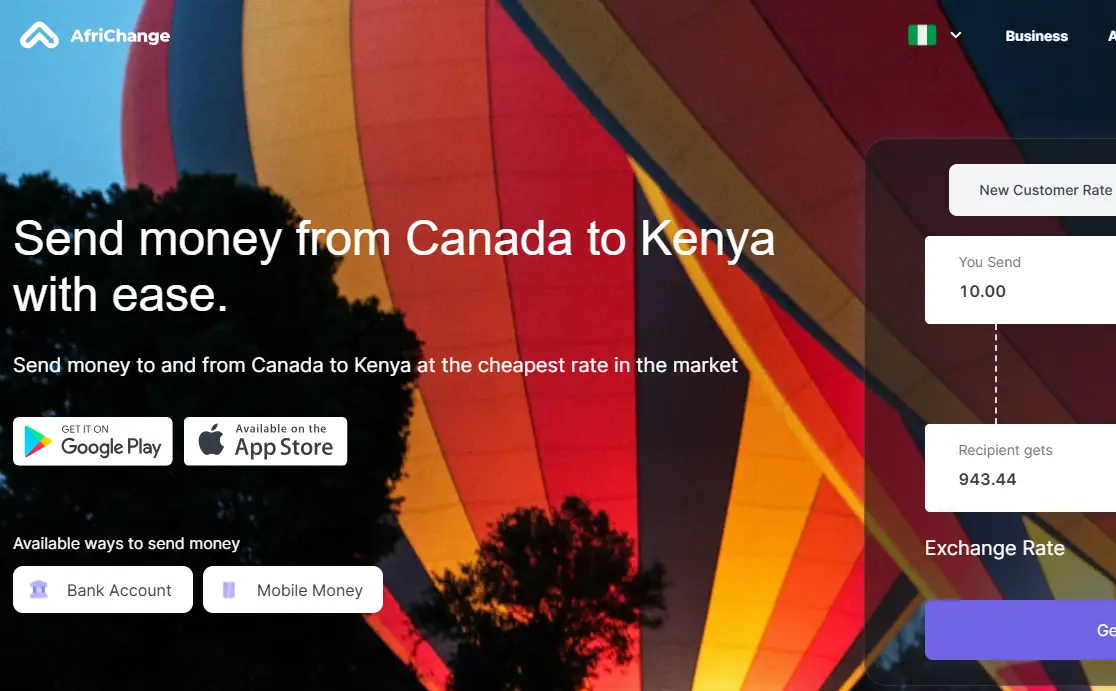 AfriChange website showing service to send money from Canada to Kenya, with vibrant hot air balloon background. Includes app store links and exchange details.