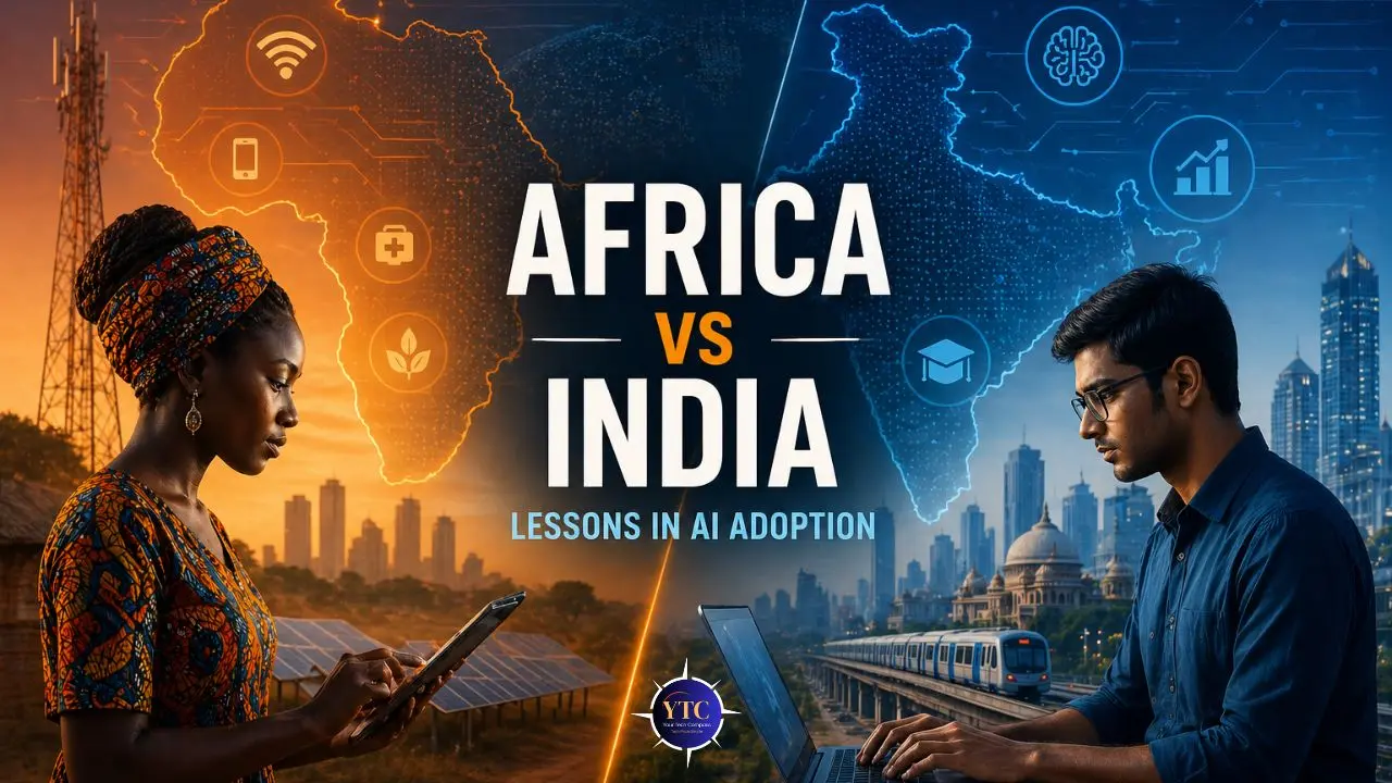 Africa vs India AI Adoption image shows a woman with a tablet in an African setting and a man with a laptop in an Indian city. Maps and icons above them.