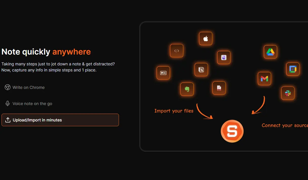 Promotional graphic for a note-taking app with import and connection features. Icons for various apps are shown, and a button reads 'Upload/Import in minutes'. Emphasizes quick note capturing and integration. Dark background with orange and white text.