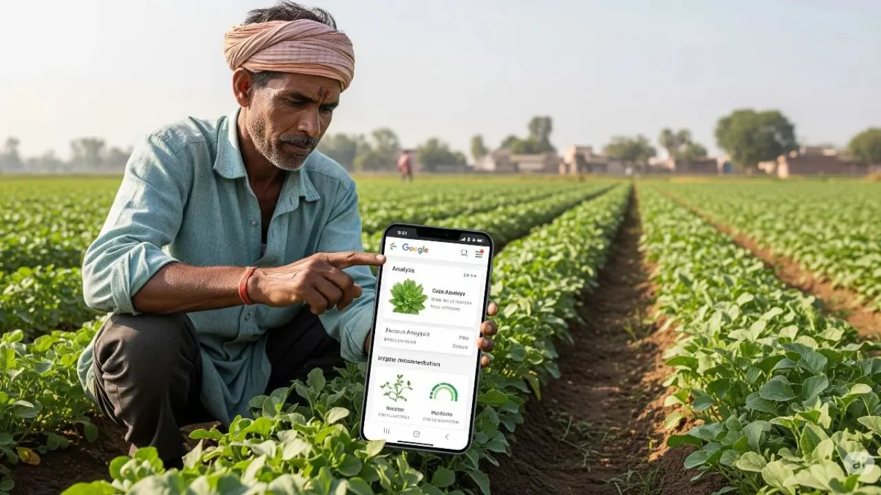 A farmer in a field crouches among rows of crops, attentively looking at a smartphone displaying agricultural information. The setting is sunny and rural.