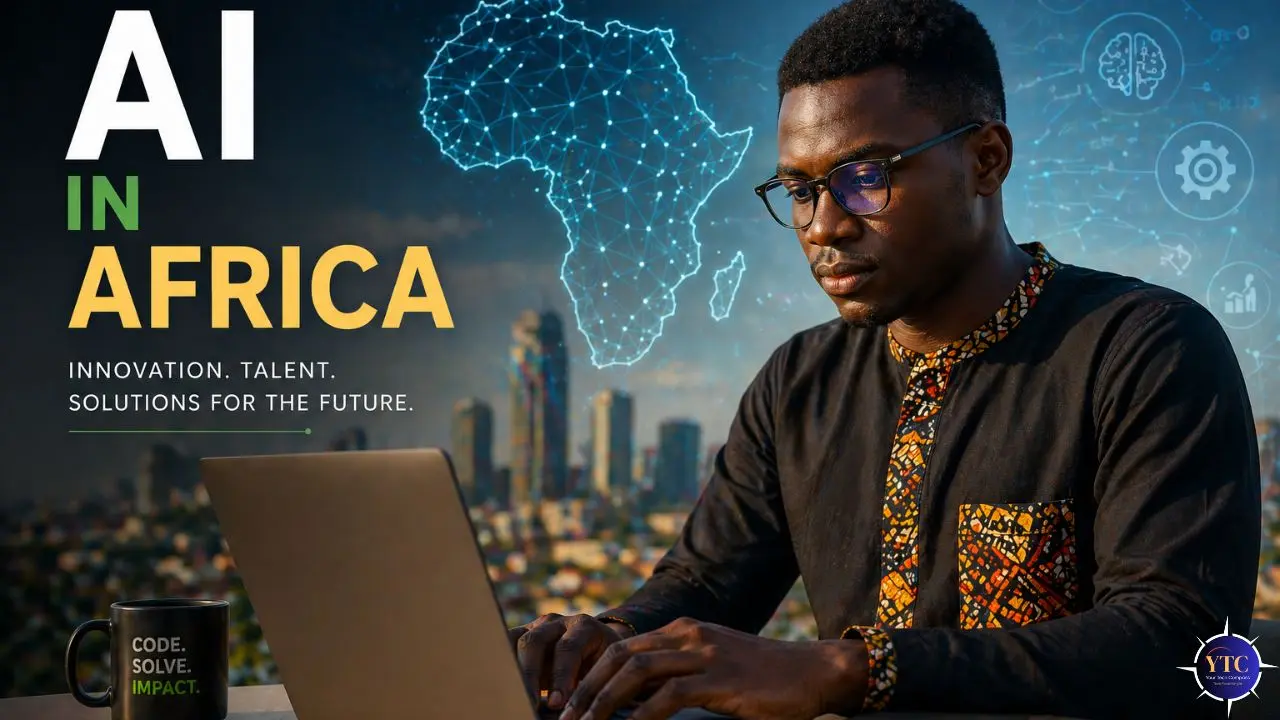 Man in glasses works on a laptop, set against an urban skyline. A digital map of Africa appears above, highlighting AI themes. Text: "AI in Africa."