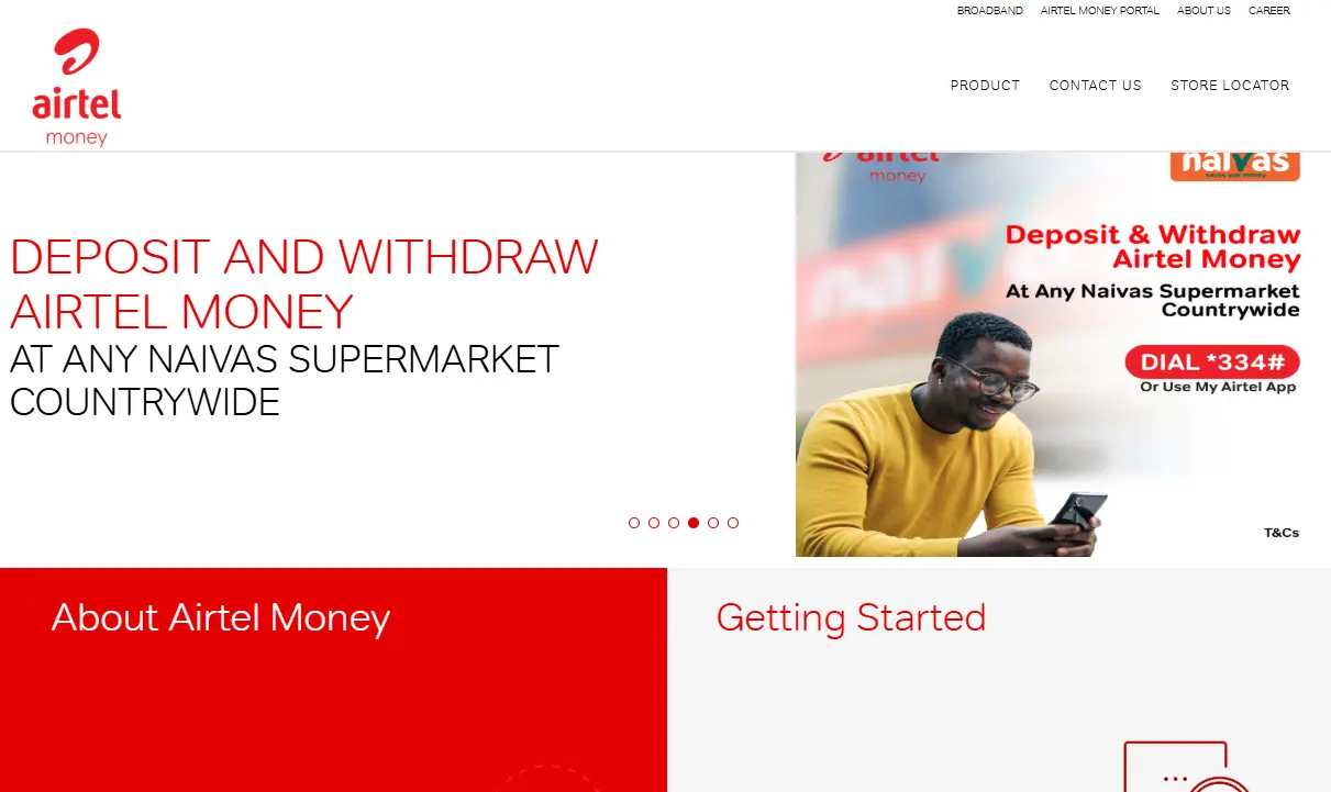 Airtel Money webpage with a promotion for depositing and withdrawing at Naivas supermarkets. Includes a smiling man using a smartphone. Text in bold red highlights the service.