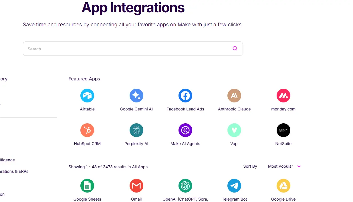 App Integrations page featuring various app logos like Airtable, Google Gemini AI, and Facebook Lead Ads. Header with search bar and sorting options.