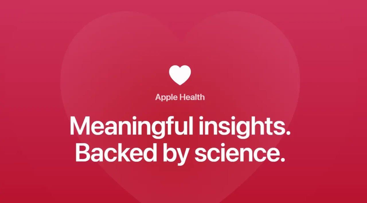 Red gradient background with a subtle heart shape. A white heart icon above the words "Apple Health." Text reads: “Meaningful insights. Backed by science.”