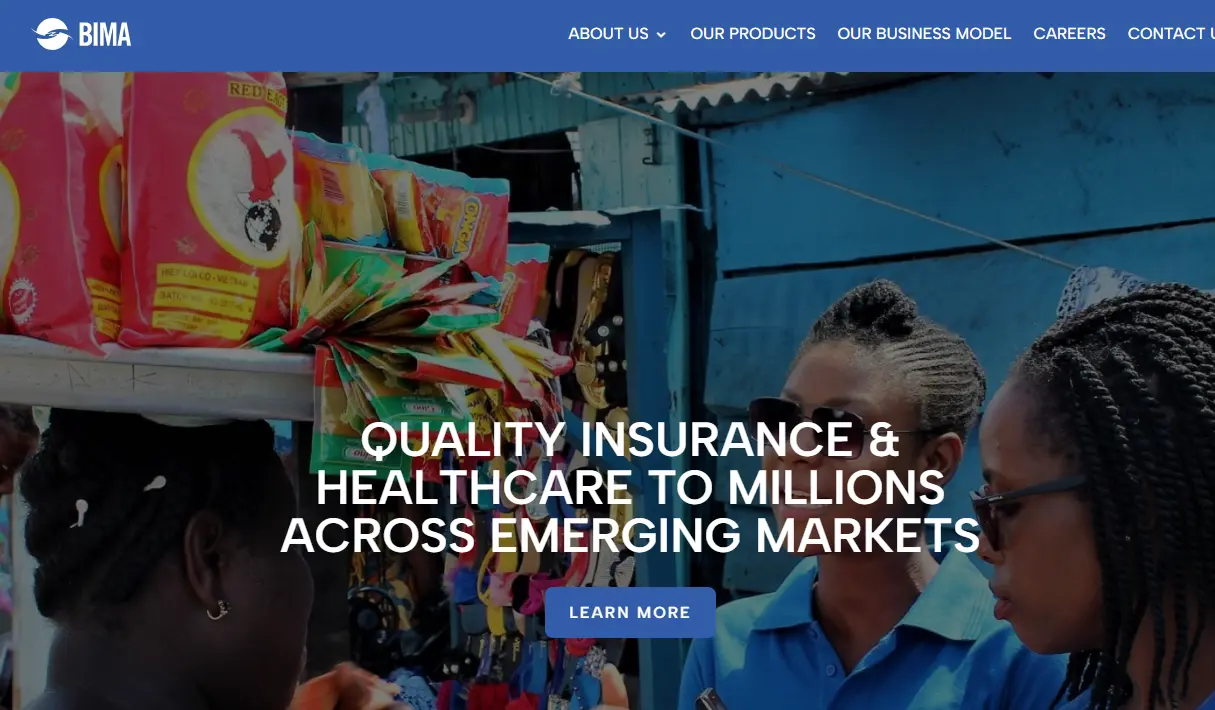 Women engaging at a vibrant street market stall with colorful packaged goods. Overlaid text: "Quality Insurance & Healthcare to Millions Across Emerging Markets".