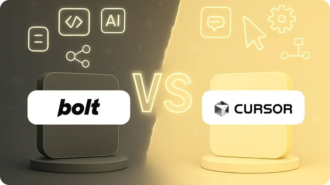 A dark gray rectangle labeled "bolt" contrasts with a light yellow rectangle labeled "cursor." Icons above represent code, AI, and settings, with "VS" in the center.