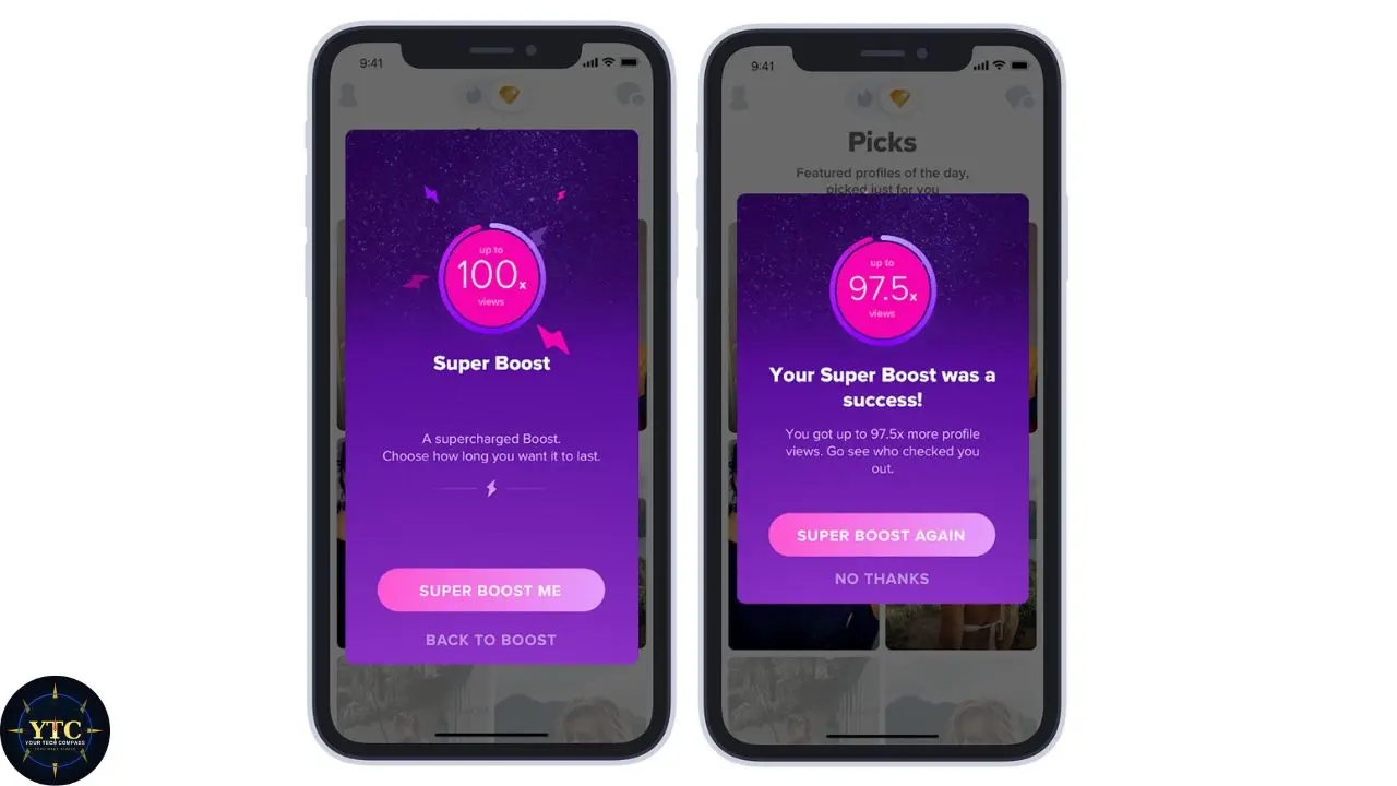 Two smartphones display a dating app's "Super Boost" screens. The left screen shows a 100% boost option with a "Super Boost Me" button. The right screen confirms 97.5% profile view increase with options to boost again or decline. The overall tone is energetic and positive.