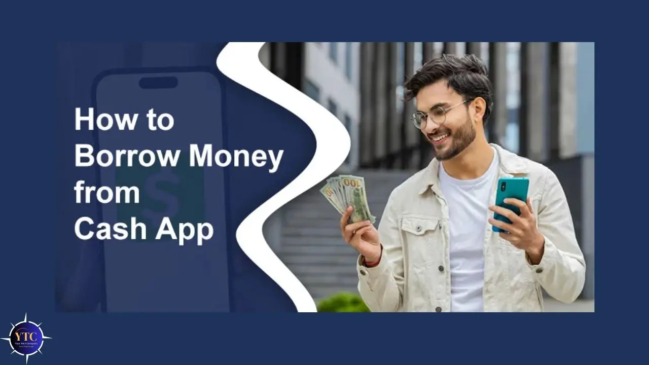 Young man smiling, holds cash and smartphone outdoors, depicting online transactions. Text reads "How to Borrow Money from Cash App." Blue border.