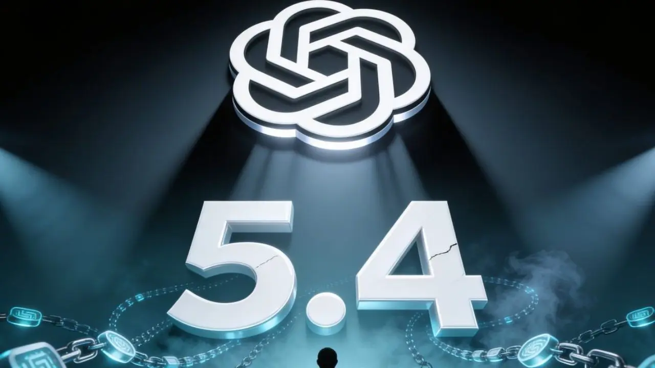A glowing 5.4 number with a stylized logo above, illuminated by beams of light. Chains and misty fog create a dramatic, futuristic atmosphere.