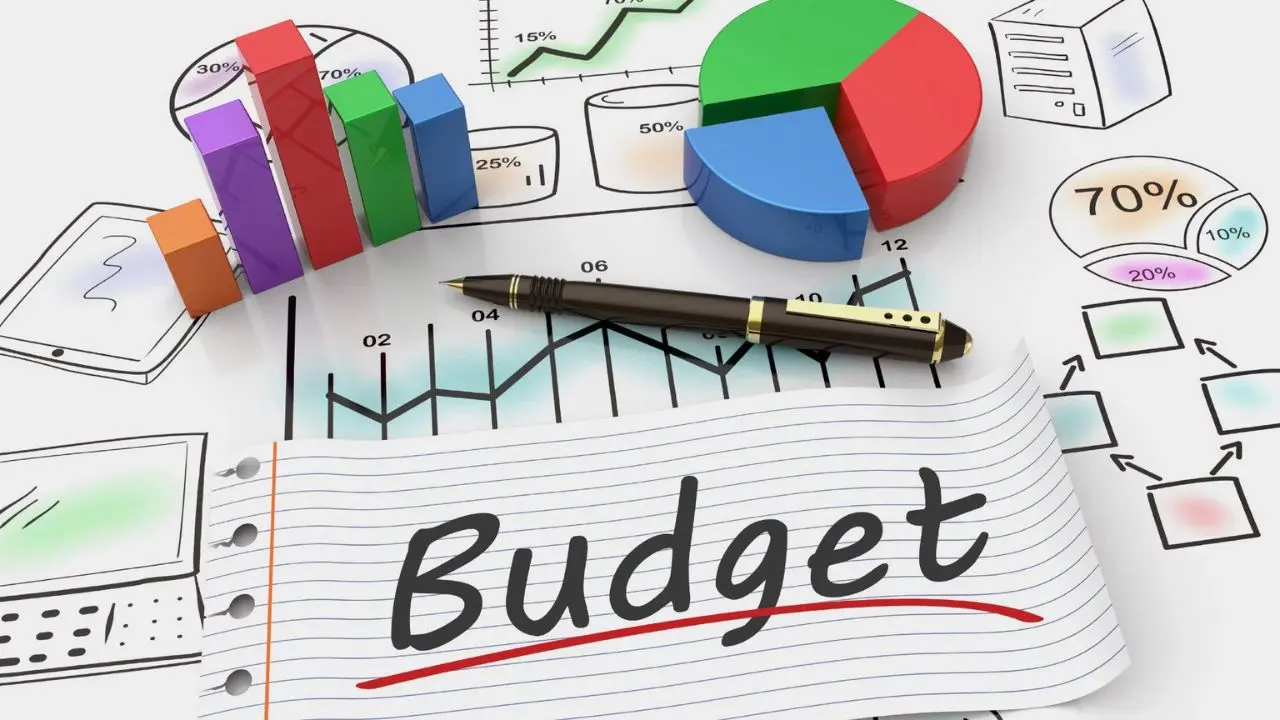 A collage of budget planning tools shows colorful graphs, a pie chart, and bar chart, with a pen on paper labeled "Budget," conveying financial analysis.