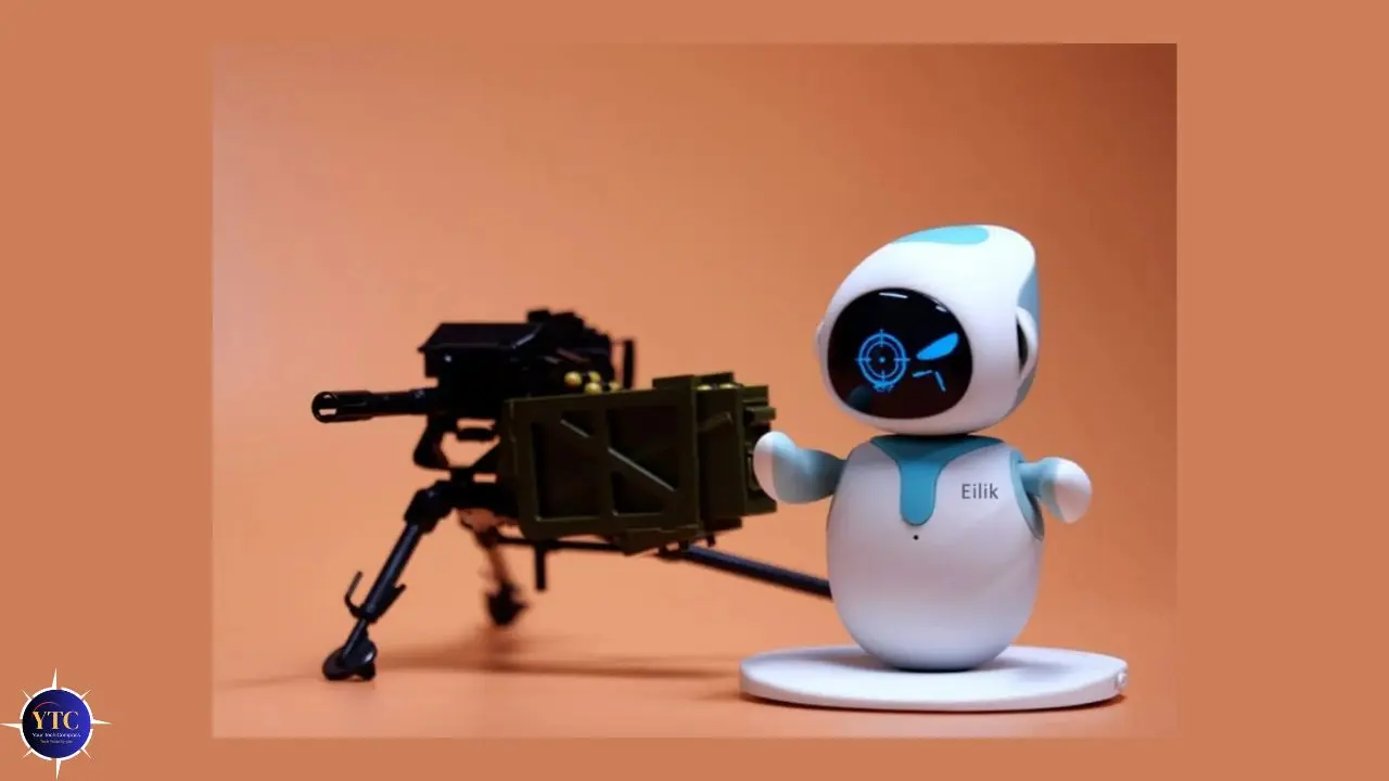 A white and blue toy robot with a digital face displaying a target symbol stands next to a miniature mounted cannon, set against an orange background.