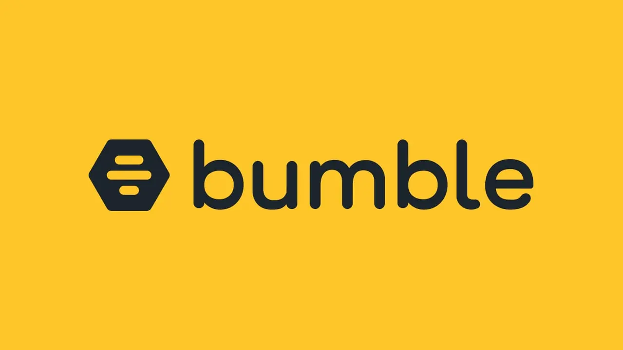 Yellow background with "bumble" in black lowercase letters, next to a hexagonal bee icon. Simple and modern design conveys a friendly tone.