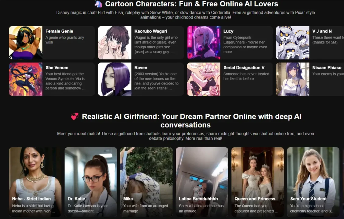 The image shows a webpage that groups AI chatbots into two categories. The top section, "Cartoon Characters," includes illustrated avatars like a genie, anime characters, and other fantasy figures. The bottom section, "Realistic AI Girlfriend," presents photo-realistic female avatars, each with a brief description beneath. The tone is playful and imaginative, catering to fans of both cartoon and realistic AI experiences.