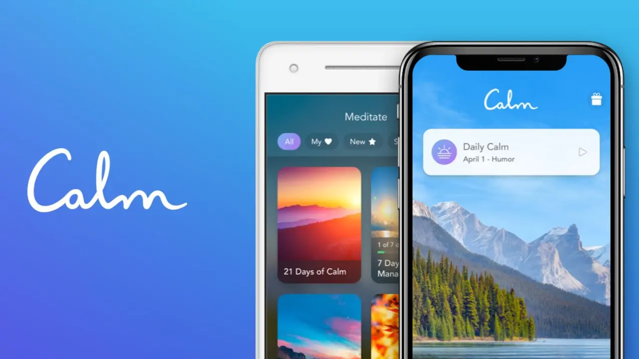 Split-screen showing Calm app interfaces on two phones. Left screen has meditation options with sunset images; right screen shows "Daily Calm" notification over a serene mountain lake. Background is a gradient of blue hues with "Calm" logo.
