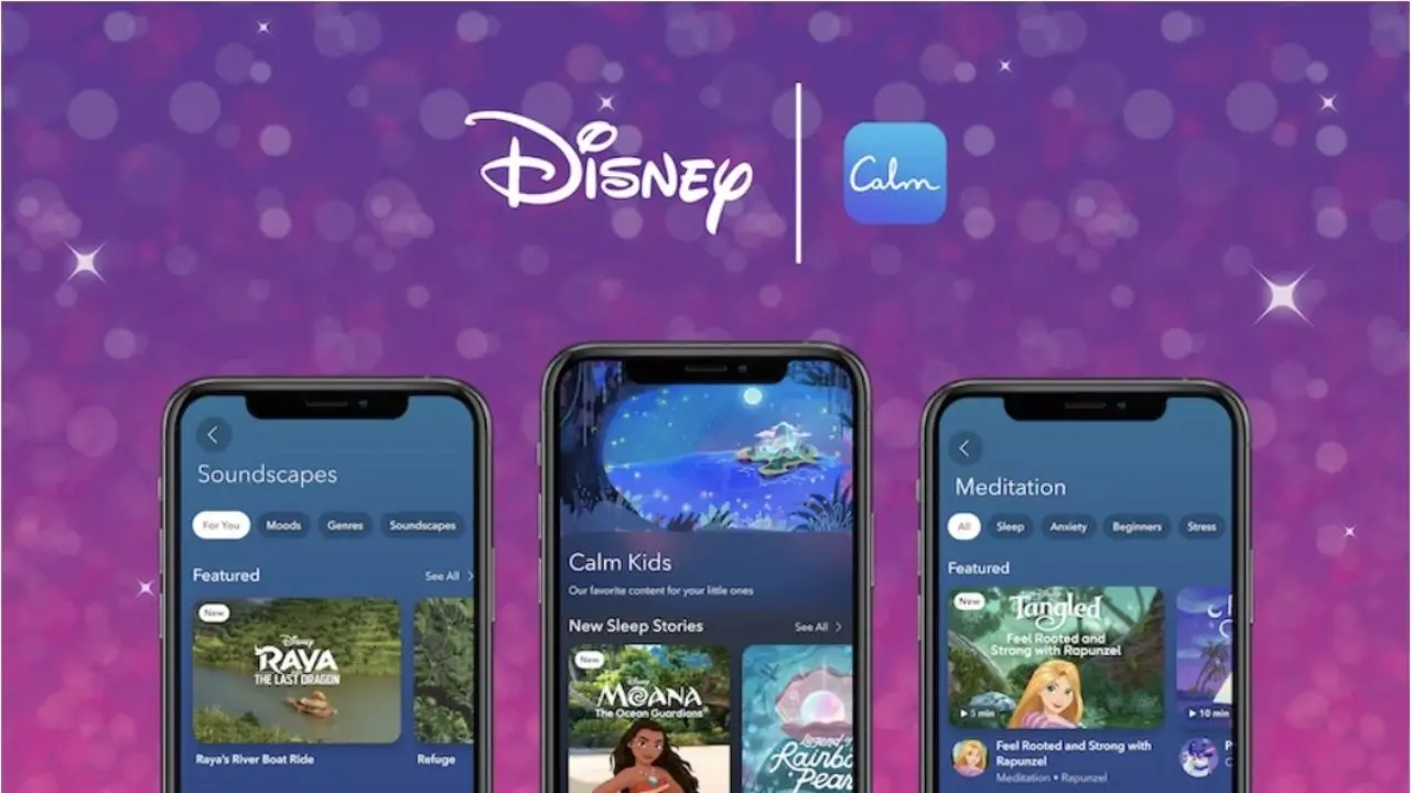Purple starry background featuring Disney and Calm logos. Three smartphones display the Calm app with sections on Soundscapes, Calm Kids, and Meditation.